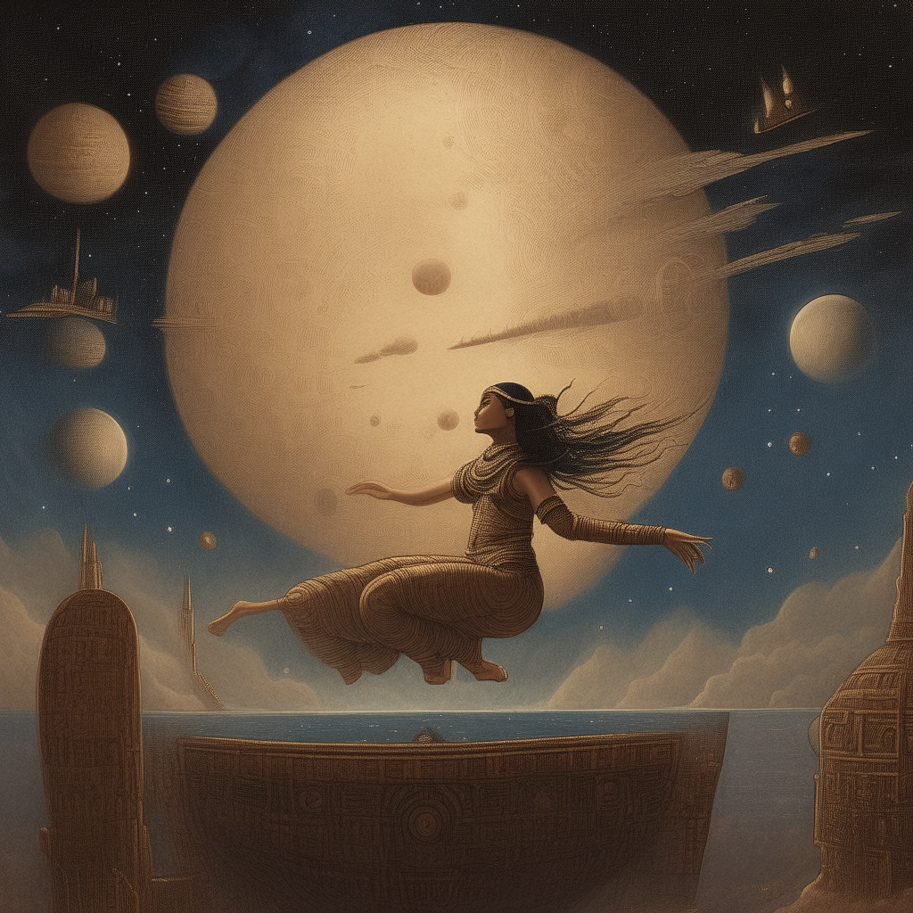 Alalu escaping exile in a celestial ship, watching planet Nibiru from space in Sumerian mythology
