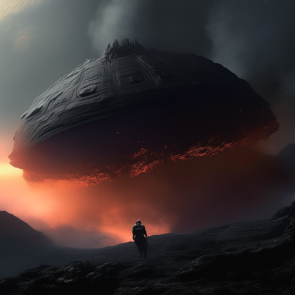 Alalu's spaceship disappearing into the darkness, with giant volcanic Nibiru behind him