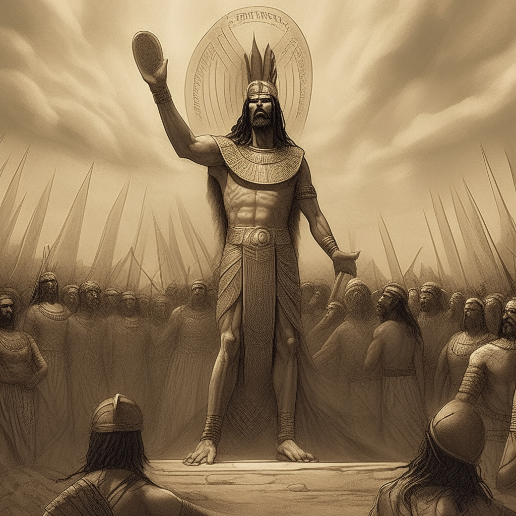 Anu standing victorious as the new king of Nibiru after defeating Alalu in combat