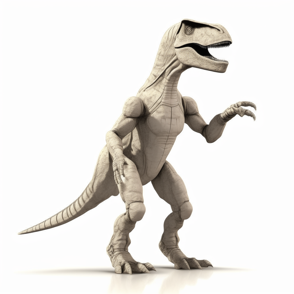 An abstract anthropic T-Rex man standing upright on his two hind legs, depicted in 3D on a plain white background. He is not depicted in a dangerous manner.