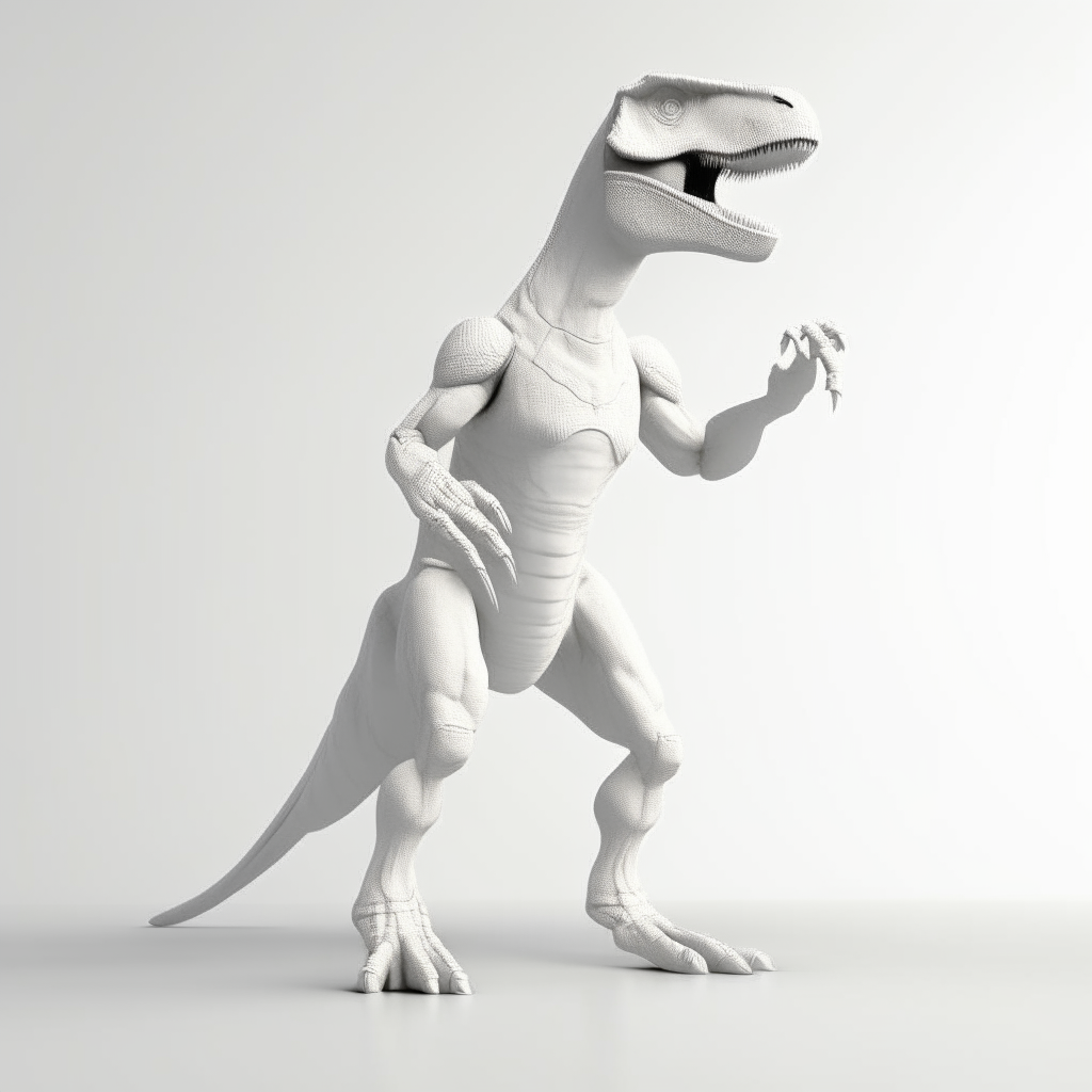Another depiction of an abstract anthropic T-Rex man standing upright on his two hind legs, shown in 3D form on a blank white canvas. He is peaceful in appearance.