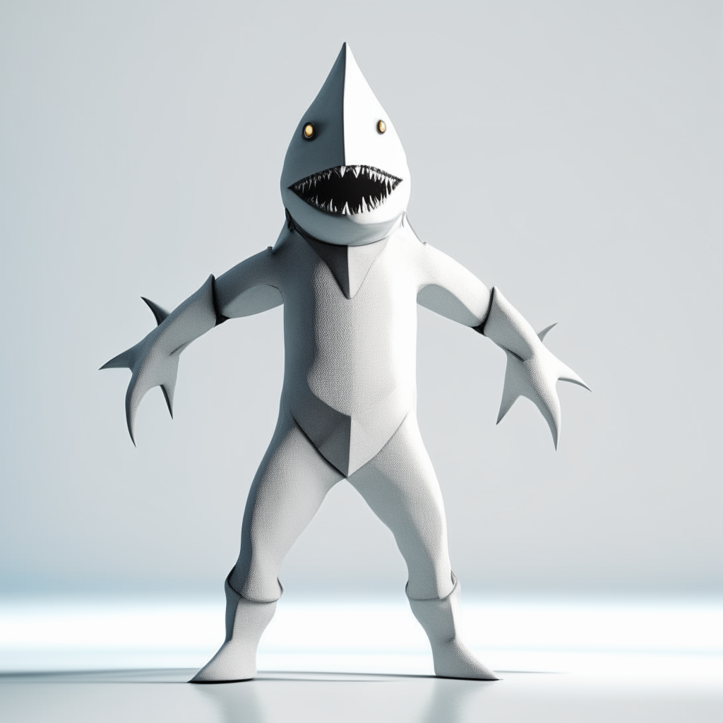 An abstract depiction of an anthropic shark man standing upright on his two hind legs in a 3D form on a blank white canvas. He is shown in a peaceful manner.