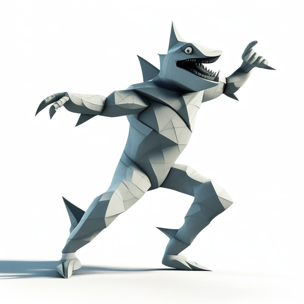 Another interpretation of an anthropic shark man balancing on his two hind legs in an abstract 3D style, set against a plain white backdrop. He appears calm.