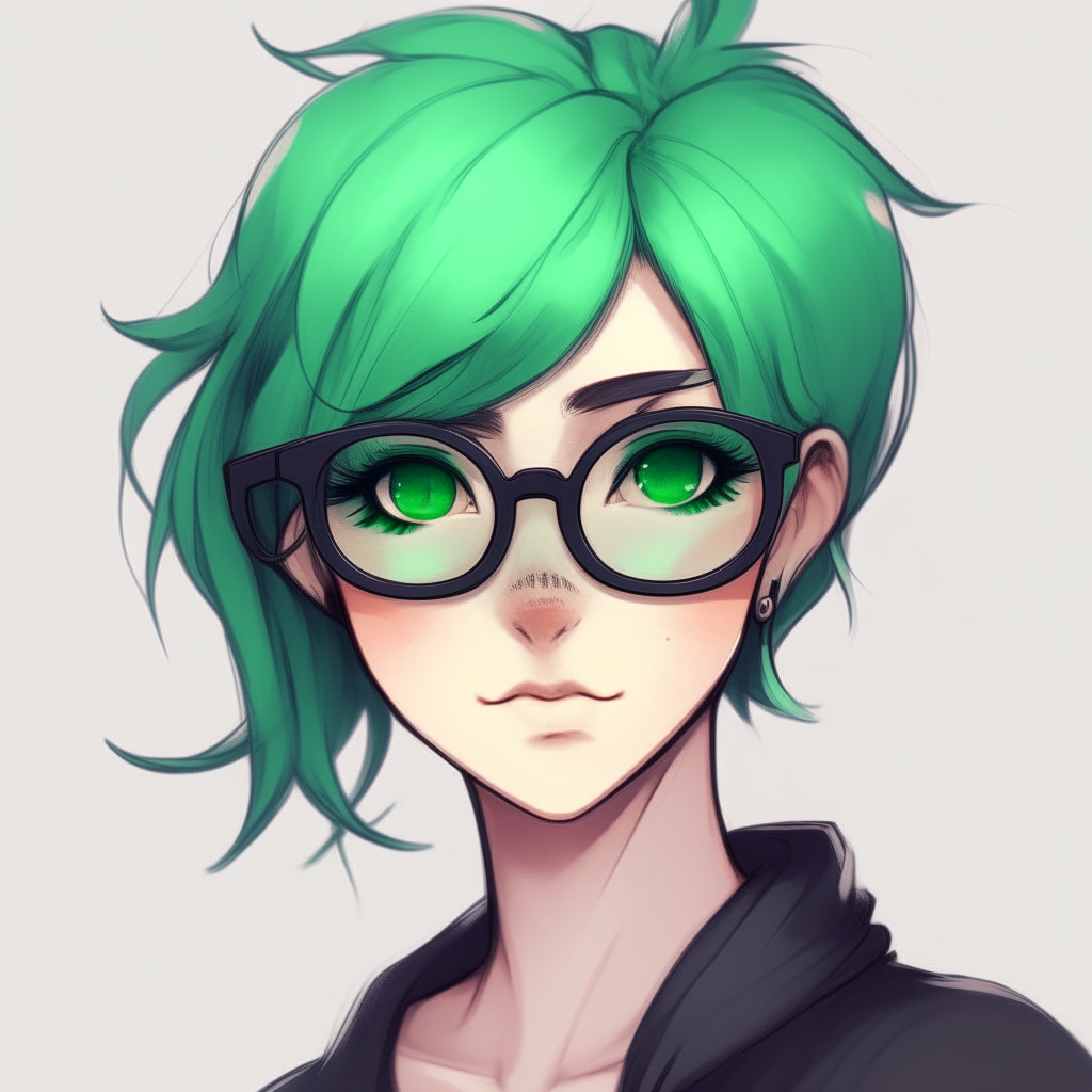 Draw me anime illustration sfw with green hair and black glasses 