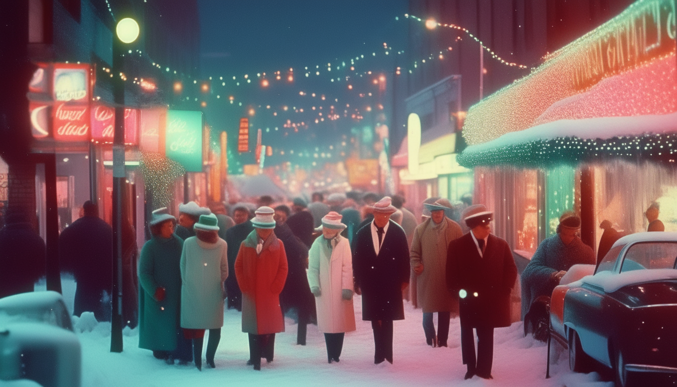 Create an image of a busy street on Christmas Eve in 1987, it is snowing heavily and the trees are decorated with multicolored Christmas lights. People walk down the sidewalk smiling, bundled in winter coats and hats. The scene is illuminated in a neon-like glow.
