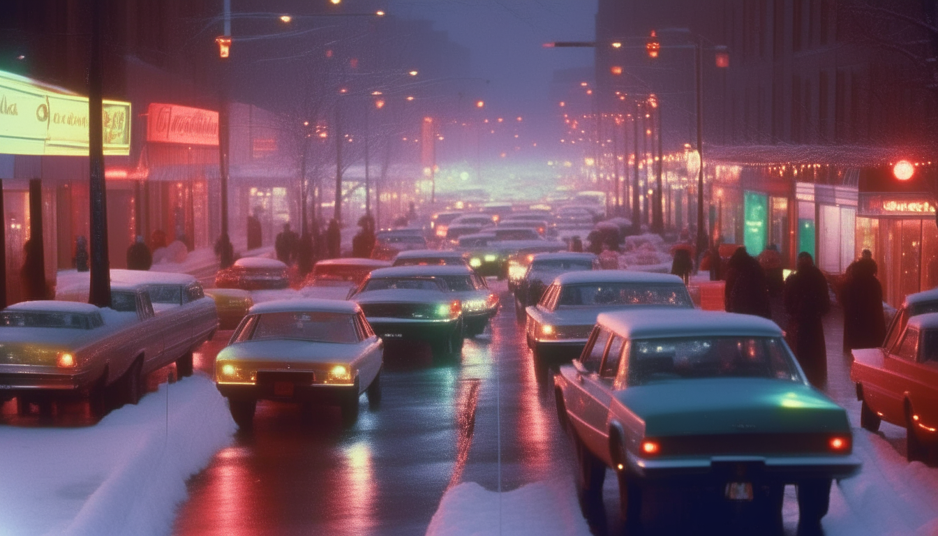 Create another image of the same busy street on Christmas Eve in 1987. It is snowing heavily and the trees are decorated with multicolored Christmas lights. Cars drive down the road slowly as more people walk on the sidewalk. The scene is illuminated in a neon-like glow.