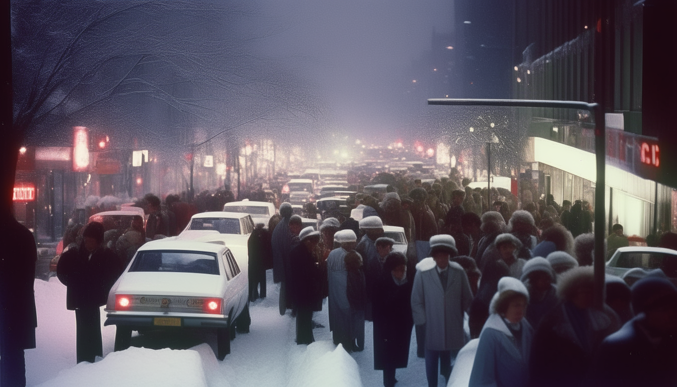 A view down a crowded city street on Christmas Eve in 1987. It is snowing heavily, coating the ground, trees and buildings in a thick white blanket. The trees lining the sidewalks are decorated with multicolored Christmas lights that glow brightly against the night sky. People bundled in winter coats, hats and scarves walk together between the parked cars.