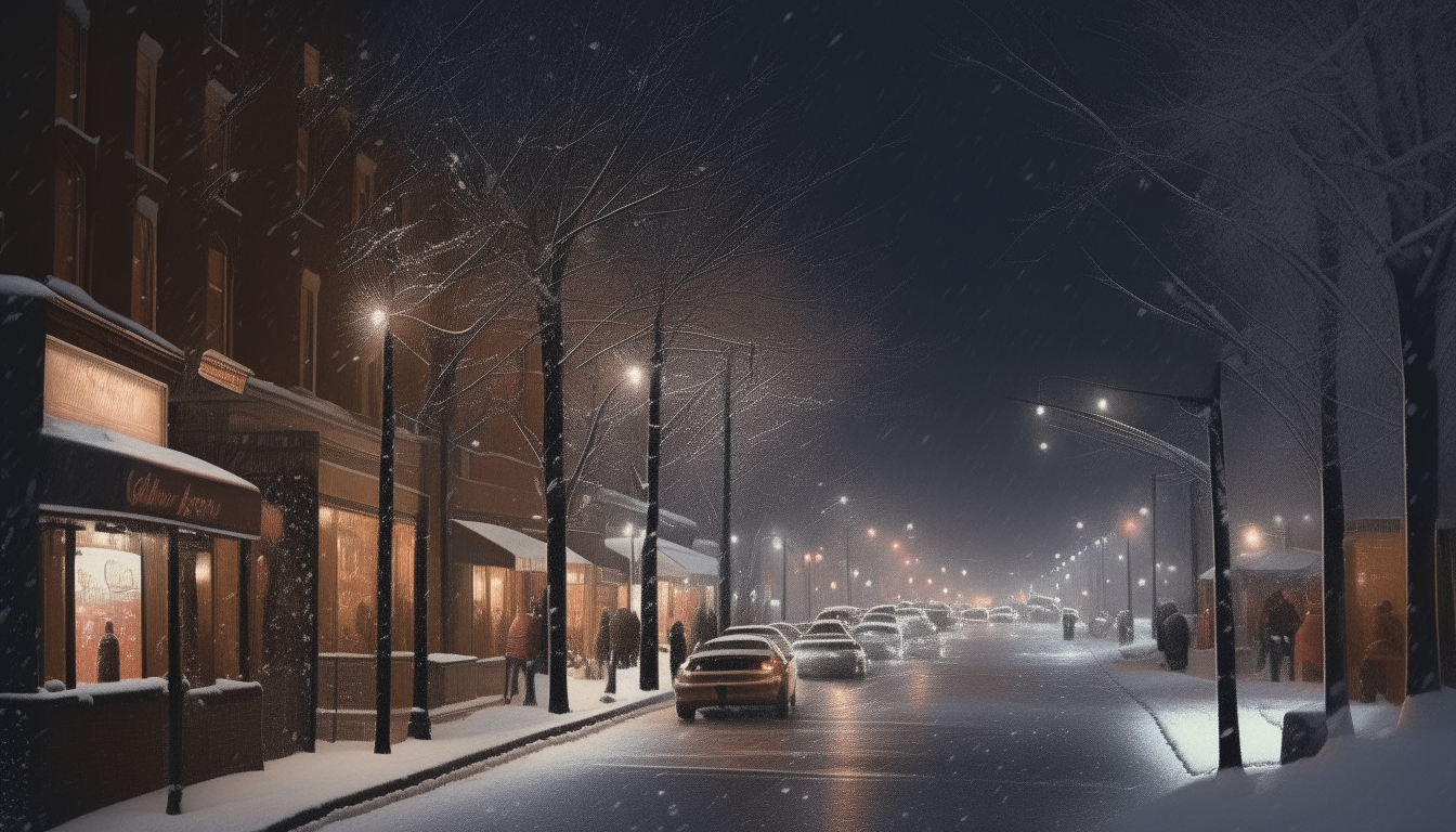 Another scene of the same city street at night. Snow falls gently as cars drive by slowly, their headlights illuminating the snowflakes. Christmas music can be heard from inside the shops and restaurants. The festive glow of string lights wrapped around the bare tree branches lights up the joyful faces of friends and families out for an evening stroll.