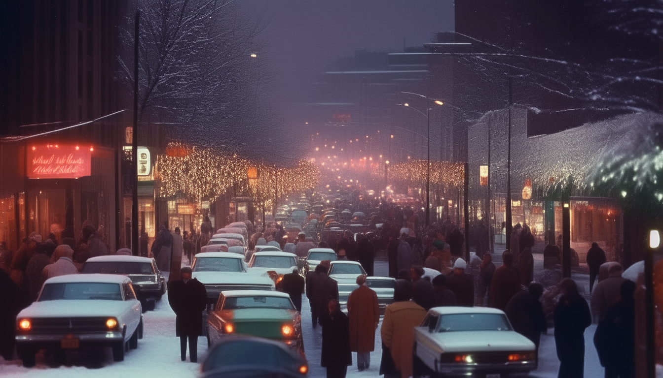 A crowded downtown street on Christmas Eve in 1987. Snow falls heavily as people bundled in winter coats walk between parked cars. Strings of multicolored Christmas lights illuminate the trees and buildings, glowing brightly against the dark night sky.