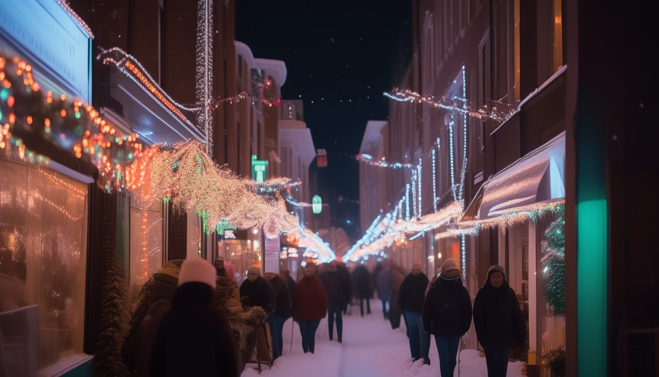 Another view down the same street, filled with festive holiday shoppers. Snowflakes drift through the air, illuminated by the neon signs hanging above the storefronts. A joyful atmosphere pervades as friends and families stroll together between the twinkling lights.