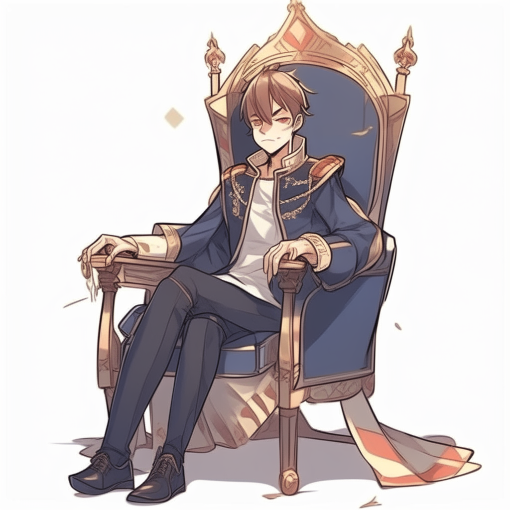 Draw me handsome anime character sitting on the king's chair 