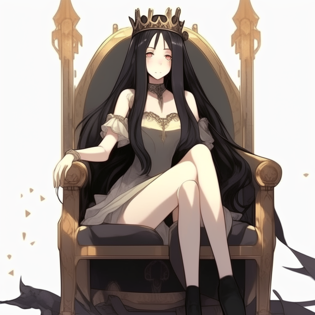 Draw me pretty girl anime character sitting on the king's chair , long black hair