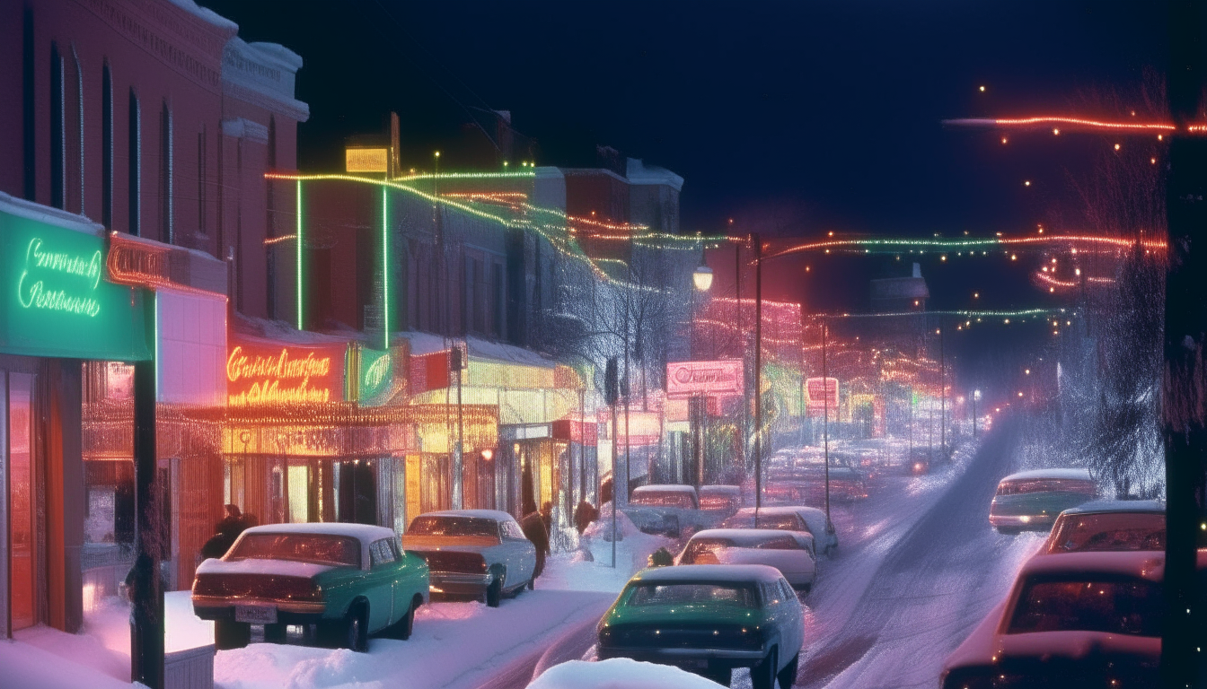 A neon-lit view of the busy street from image-5 on Christmas Eve in 1987. Strings of colored lights glow brightly on the snow-covered trees and buildings.