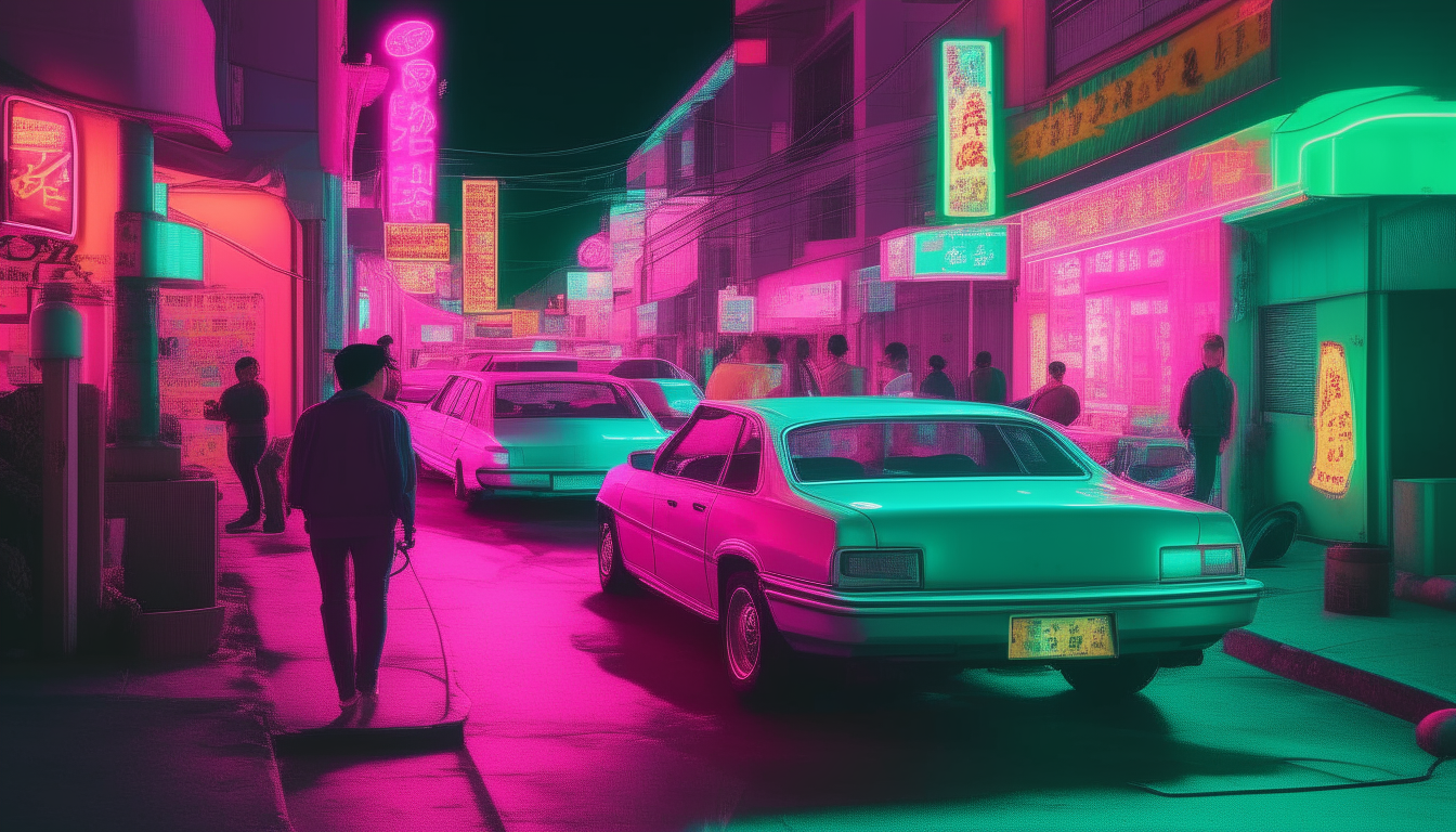 Another scene of the street illuminated in neon signs, based on image-5. People walk between the parked cars, illuminated in shades of pink, green and blue.