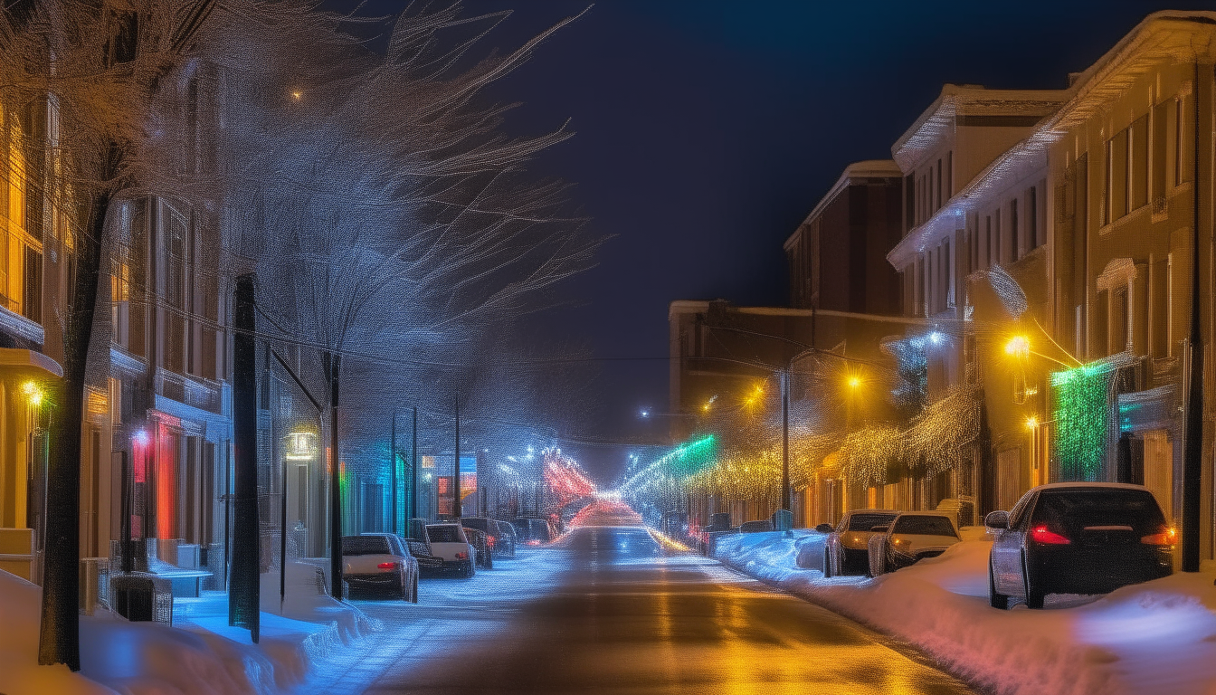 A view down the snowy street at night, with cars parked along the sidewalks. Strings of multicolored Christmas lights illuminate the trees and buildings.