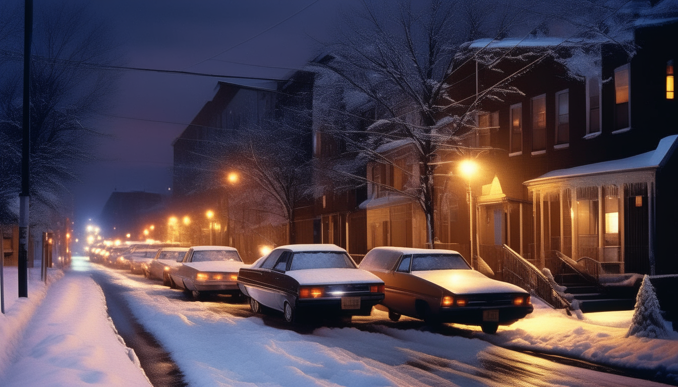 A snowy street at night in 1987. Cars are parked along the curb, covered in a layer of fresh powder. Strings of multi-colored Christmas lights illuminate the bare tree branches and whitewashed buildings.