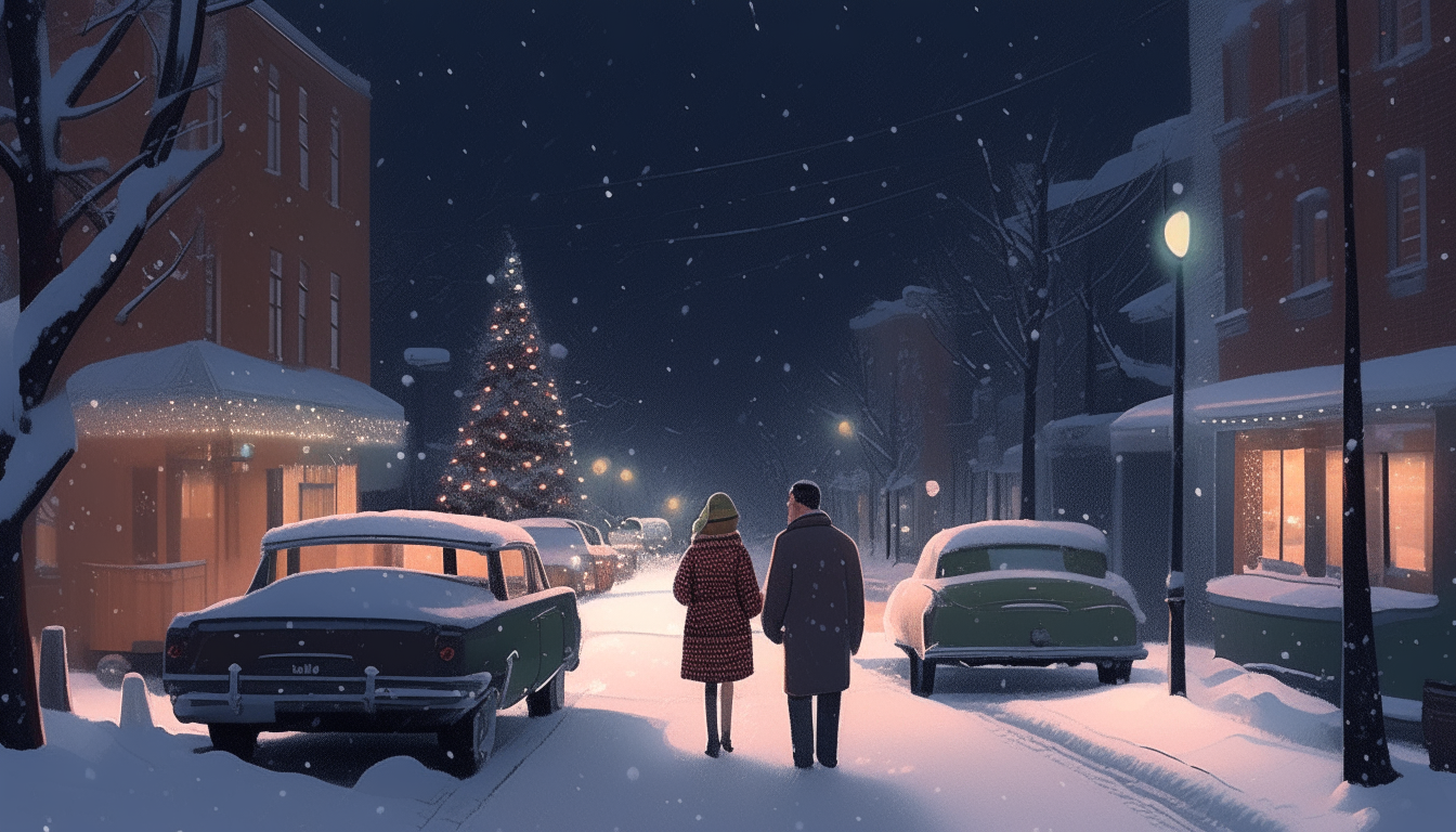Another view down the street, with more detail. A couple walks together between the parked vehicles. Snowflakes drift through the air, illuminated under the streetlights and festive holiday decorations.