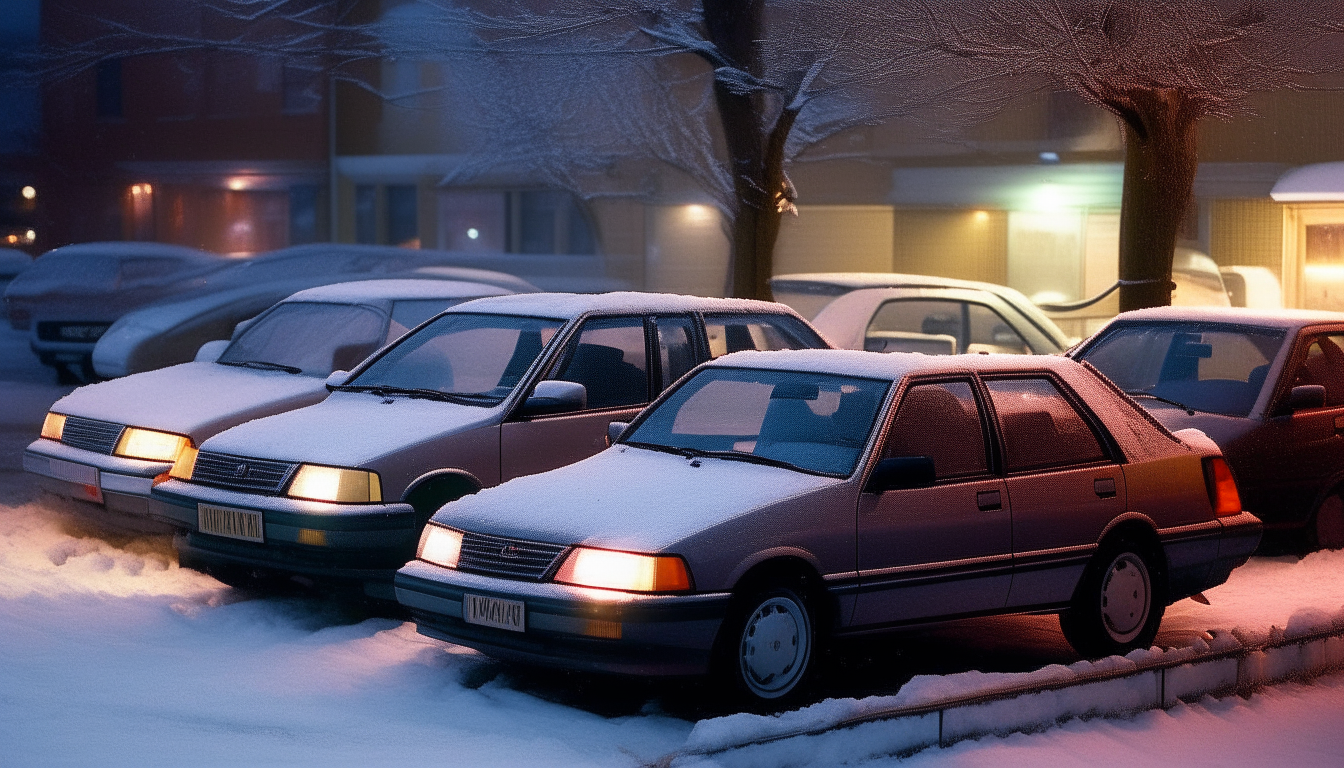 Another scene showing more of the parked 1987 vehicles, like the Toyota Camry and Honda Accord, with snow collecting on the roofs. Strings of multi-colored lights decorate the bare trees.