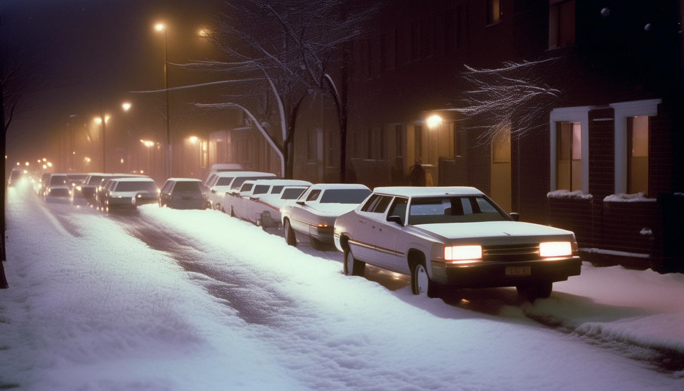 A view down the street at night in 1987, during a snowfall. Cars such as the Ford Taurus and Chevrolet Celebrity from that year are parked along the sidewalk, covered in a fresh layer of powder.