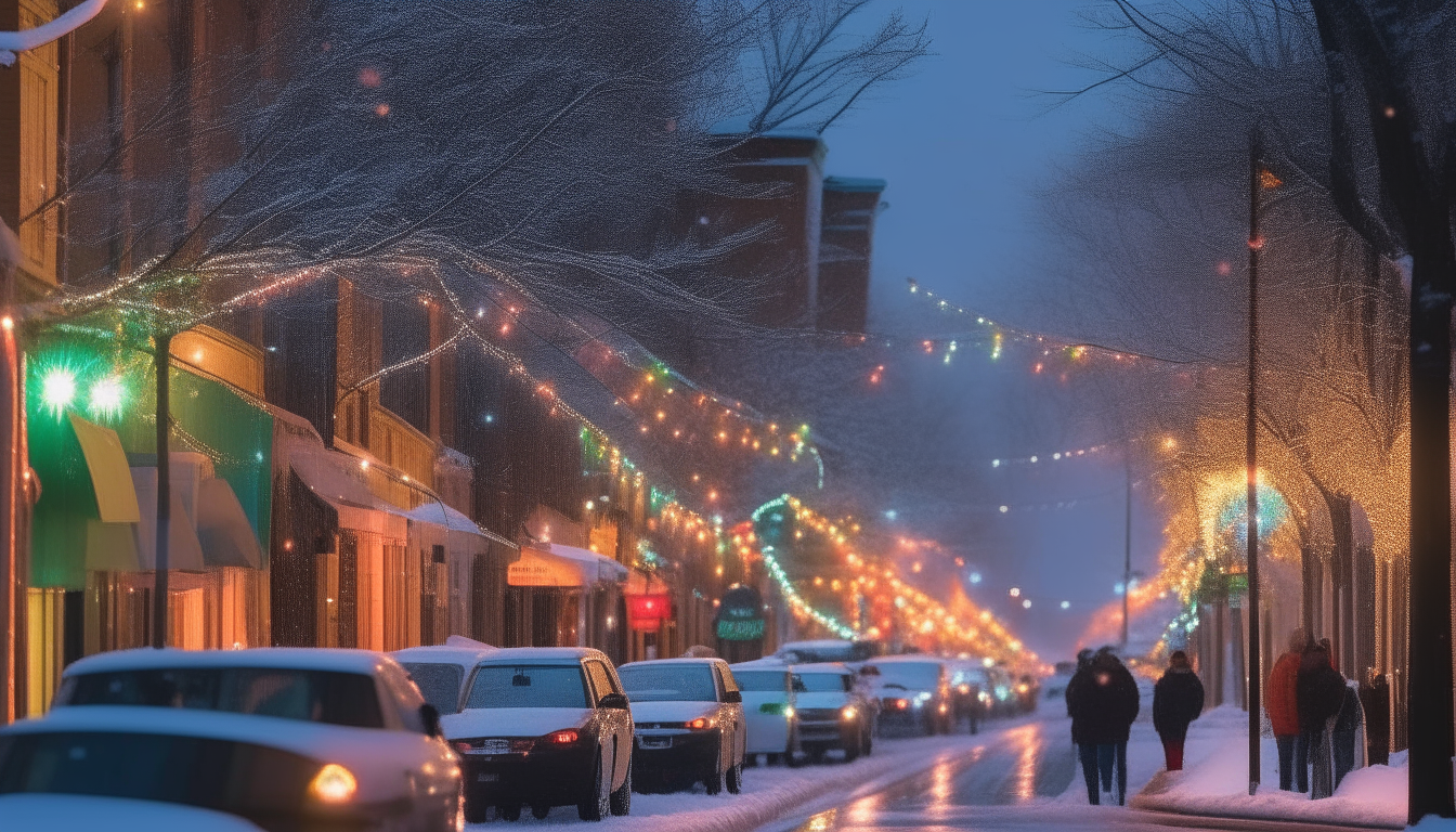 A view down the street lined with parked cars and decorated trees. Snow falls gently as festive shoppers walk along the sidewalk, illuminated by strings of colored holiday lights.