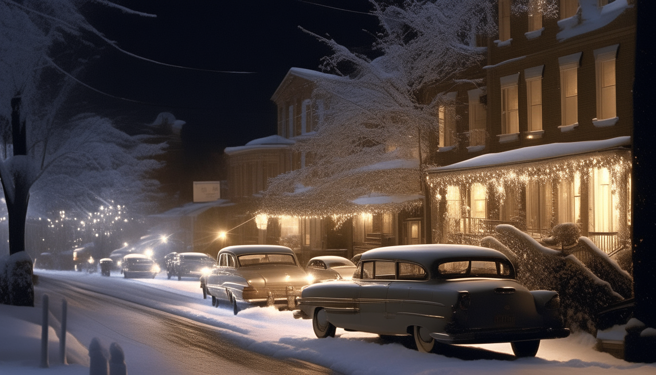 Another scene showing more vehicles and decorations along the curb. The snow-dusted trees and rooftops glow softly under the streetlights.
