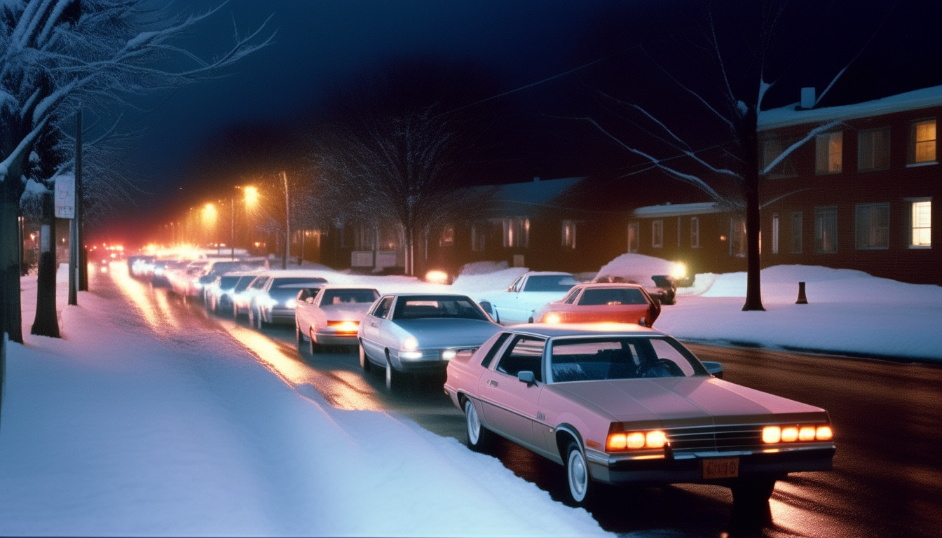 A snowy street at night in 1985. Cars like the Ford Thunderbird, Chevrolet Monte Carlo and Toyota Corolla from that year are parked along the curb. Strings of multi-colored Christmas lights twinkle from the bare tree branches.