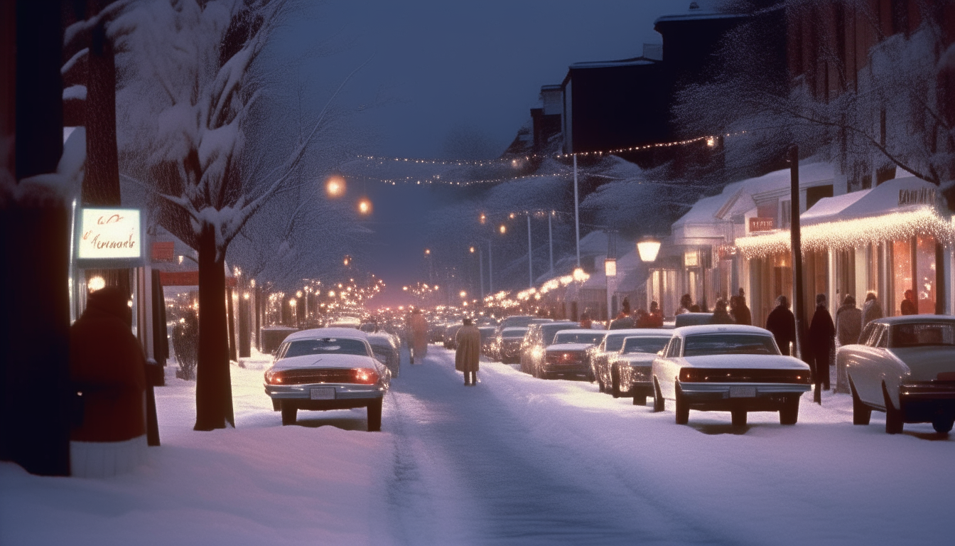 Another view down the snow-dusted road, showing festive shoppers walking between the 1985 vehicles. The scene is softly illuminated by streetlights and decorative holiday lights.