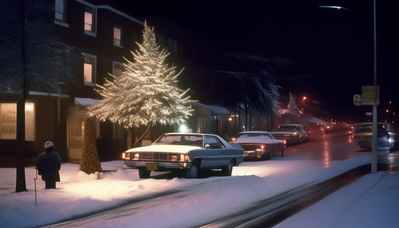 The snowy street at night in 1985, with a large decorated Christmas tree set up near the sidewalk. Cars like the Chevrolet Celebrity are parked along the curb.