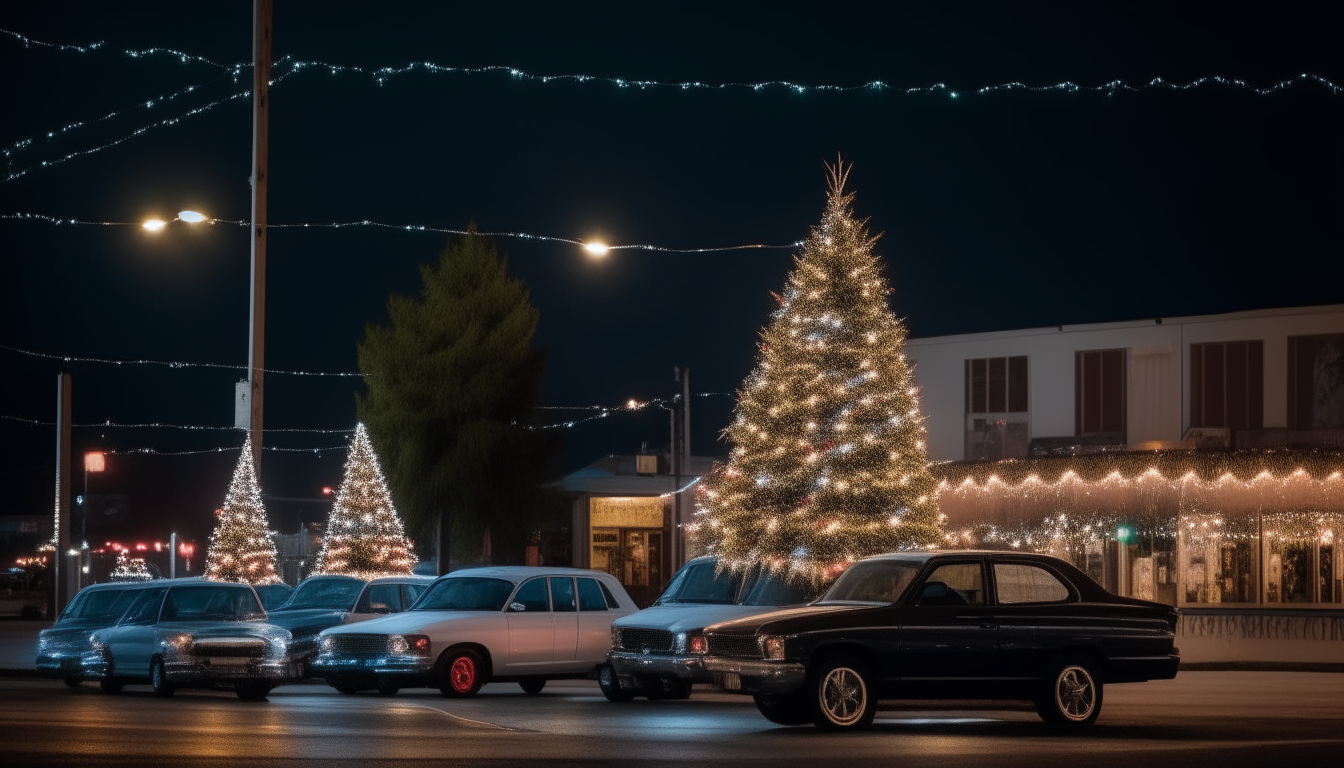 Another view showing more vehicles and a festive Christmas tree on the corner. Strings of lights twinkle from its branches against the dark sky.
