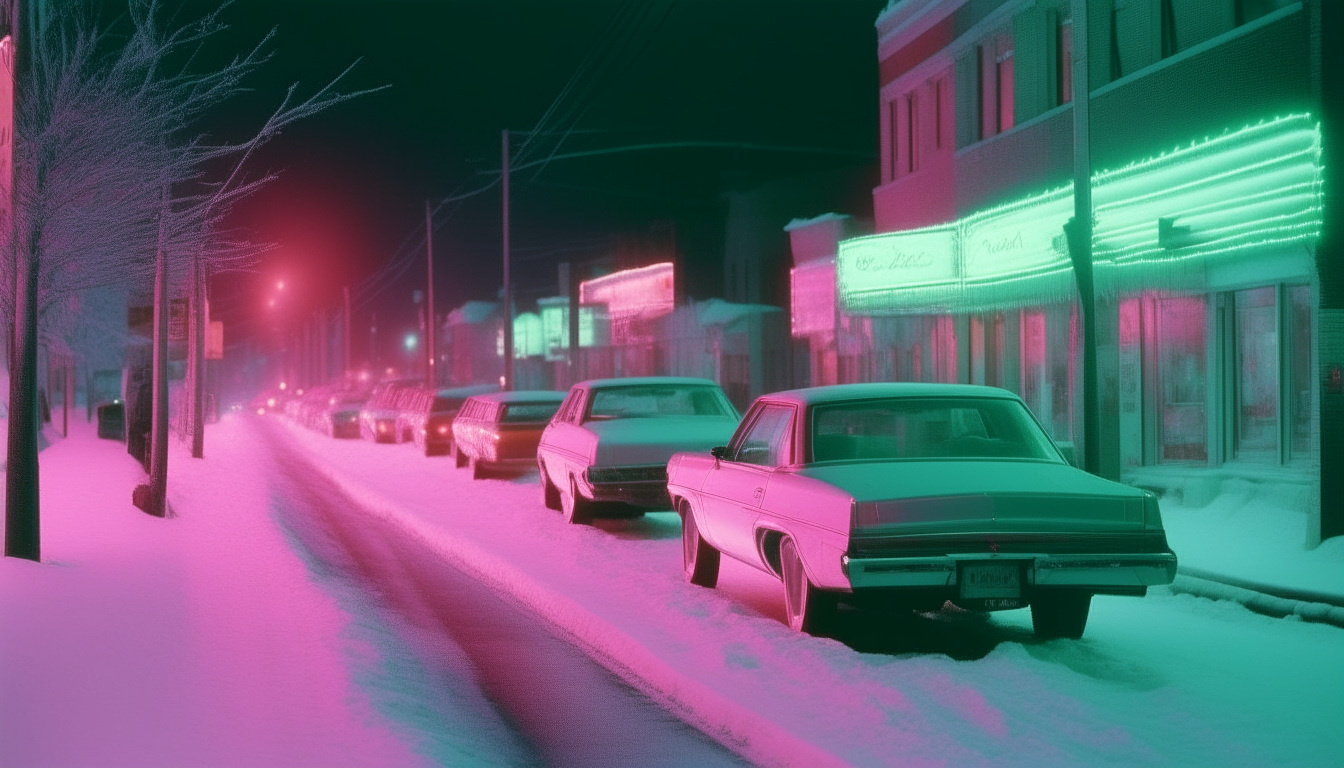 A neon-lit view down the snowy street at night in 1985. Cars like the Chevrolet Celebrity glow in shades of pink and green under the strings of colored lights strung between the trees and buildings.