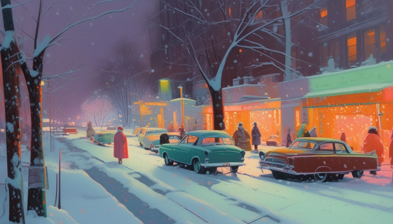 Another scene showing festive shoppers walking past the neon-washed vehicles. Snow falls gently as the bare tree branches and rooftops glow softly in colored light.