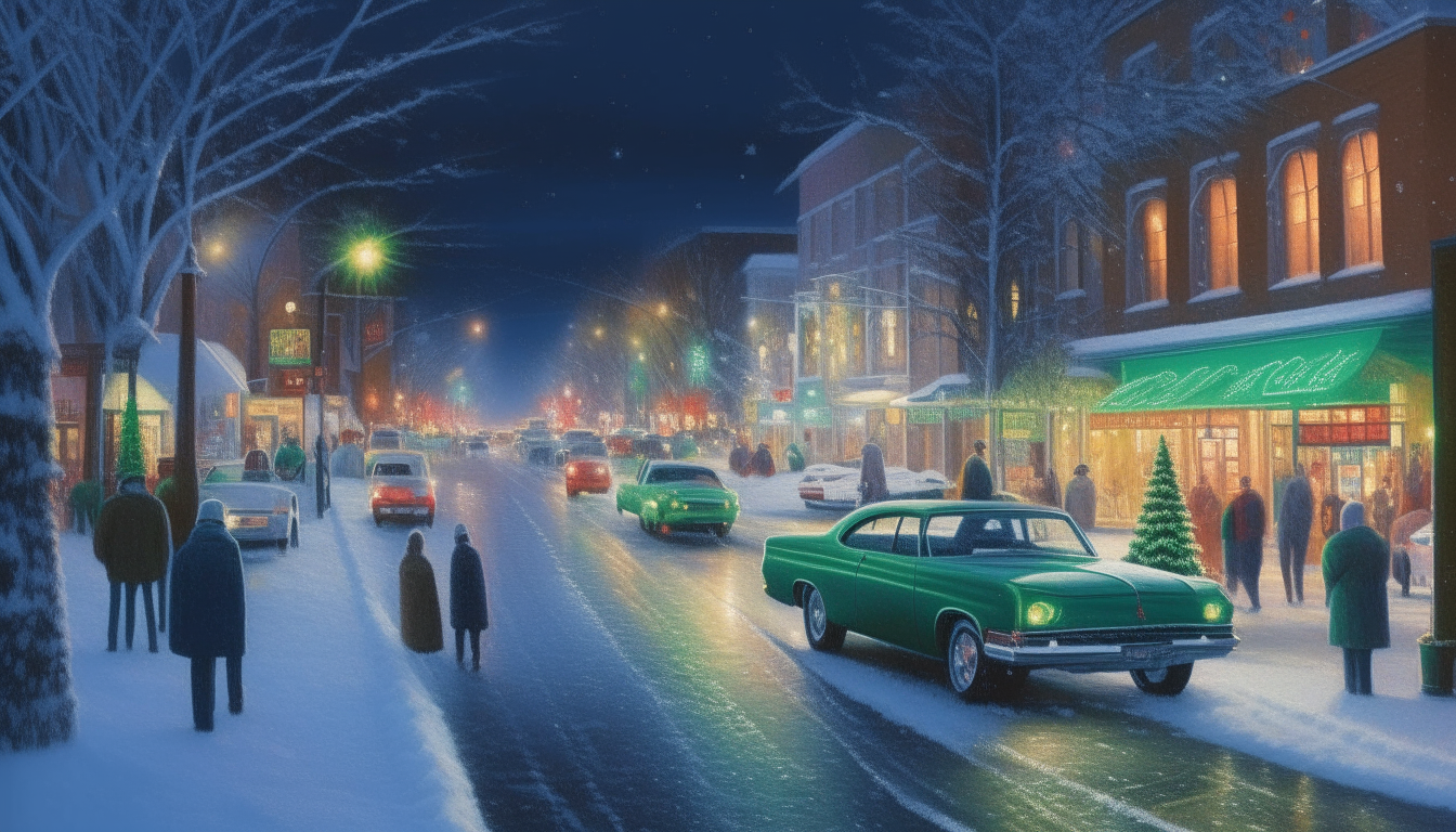 A snow-dusted street at night, glowing with colored lights. Festive shoppers stroll past cars like the Chevrolet Celebrity, illuminated in shades of green and blue. In the distance, a large Christmas tree twinkles brightly on the corner.