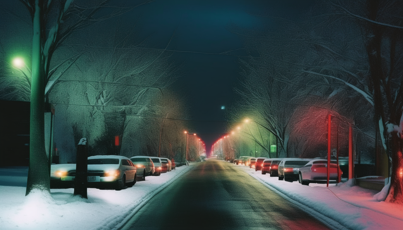 Another view down the snow-dusted road, lined with parked cars under strings of colored lights. Bare tree branches glow in shades of green and red against the night sky.
