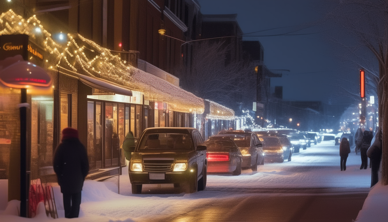 A similar wintry scene, showing more vehicles and decorations along the sidewalk. People bundle up as they walk past festive shop windows, illuminated softly in the glow of the holiday lights.