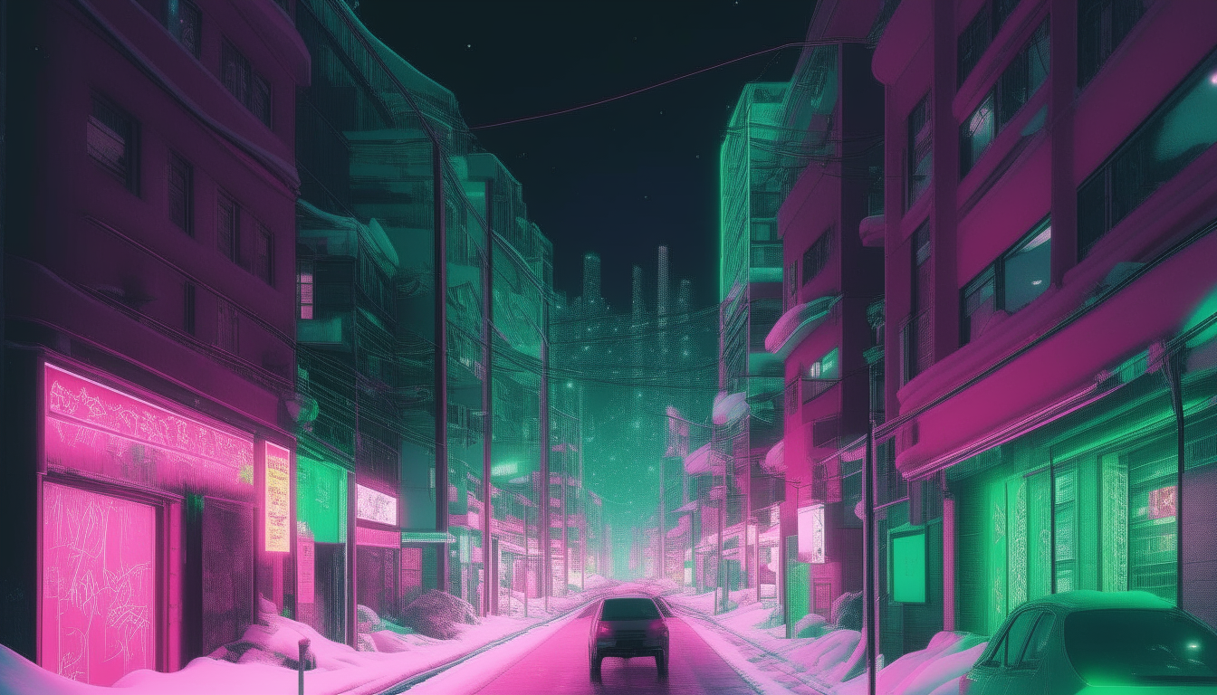 A neon-washed view down the snowy street at night, rendered in ultra-high resolution. Cars glow in shades of pink and green under strings of multi-colored lights between the buildings.