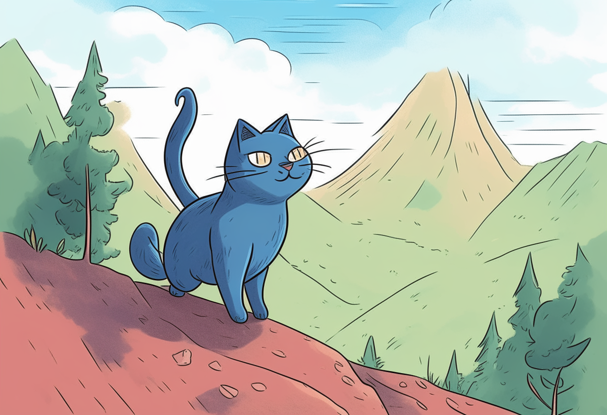 A cute cartoon drawing of a blue Russian cat climbing a mountain trail. The cat is shown from a three-quarter side view, with its tail waving as it hikes up the path.