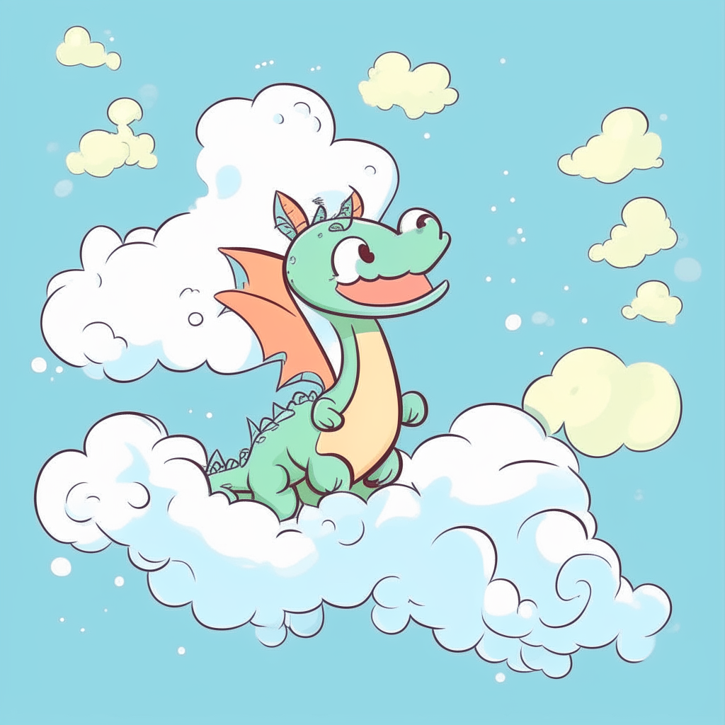 A cute cartoon drawing of a small dragon flying through clouds.