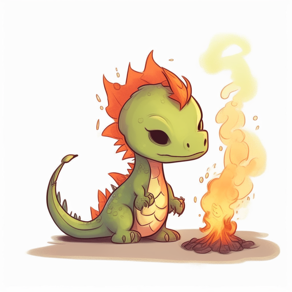 A cartoon drawing of a baby dragon breathing a small plume of fire.