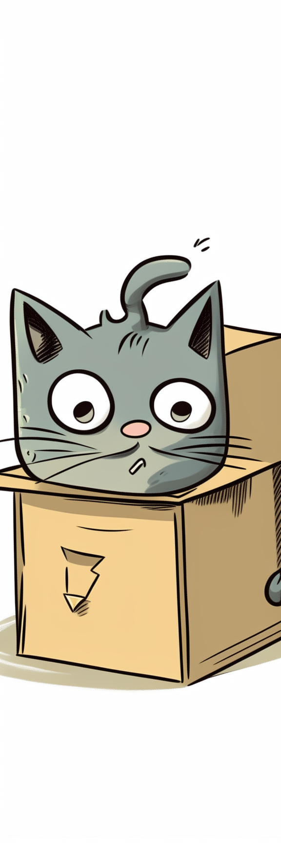 A silly cartoon of a cat squeezed inside a tegalo box, with just its tail hanging out and its face scrunched up.