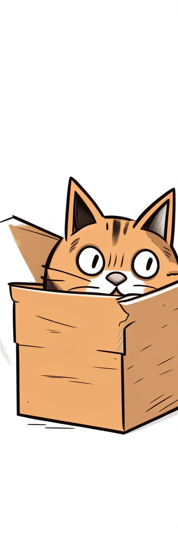 A cartoon drawing of a curious cat peeking its head out of a rectangular tegalo box, with its paws on the edge.