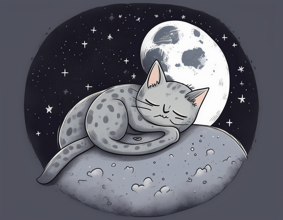 A cute cartoon drawing of a sleeping cat curled up on the surface of the moon. The cat is shown on a gray moonscape under a night sky full of stars.