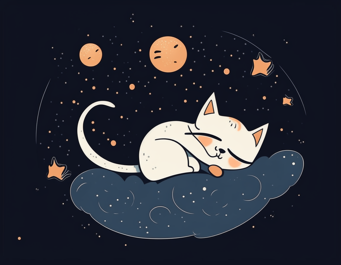 A silly cartoon of a cat sleeping while floating above the moon, with the moon visible below and stars overhead.