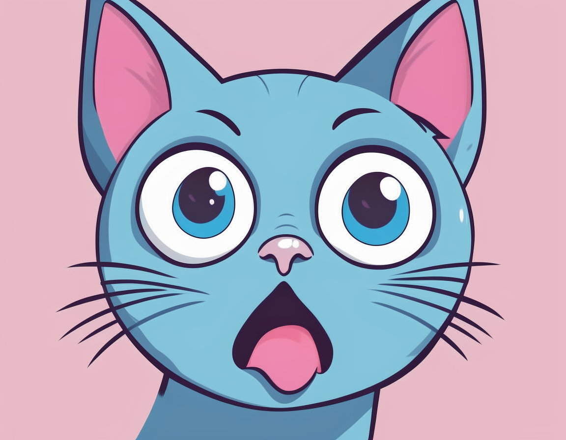 A silly cartoon of a blue-gray cat sticking out its tongue, showing its one blue eye and one pink eye.