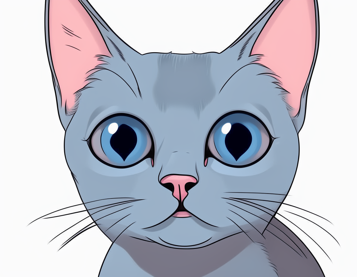 A cartoon drawing of a cute blue-gray cat looking offscreen with one blue eye and one pink eye.
