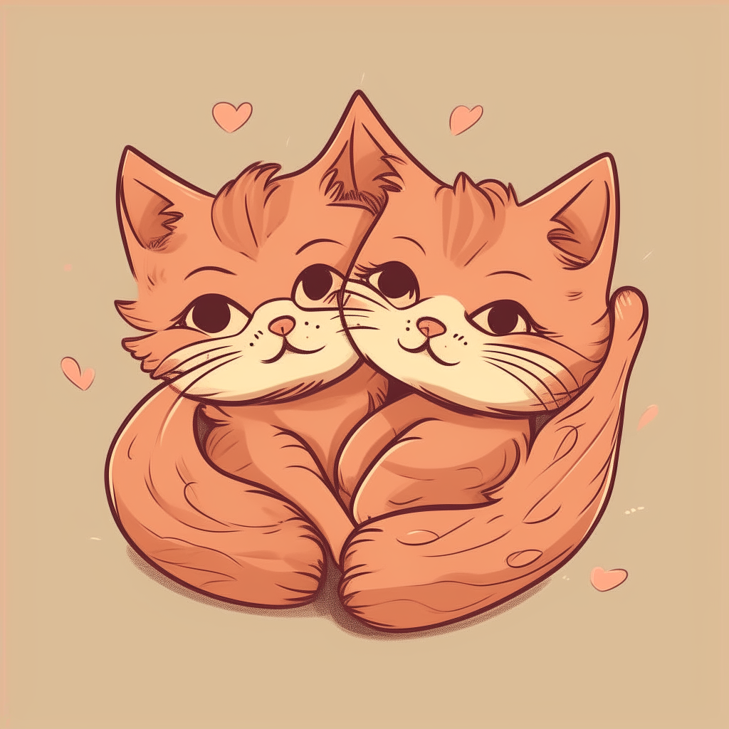 A cute cartoon drawing of two kittens curled up together, forming a heart shape with their tails wrapped around each other.