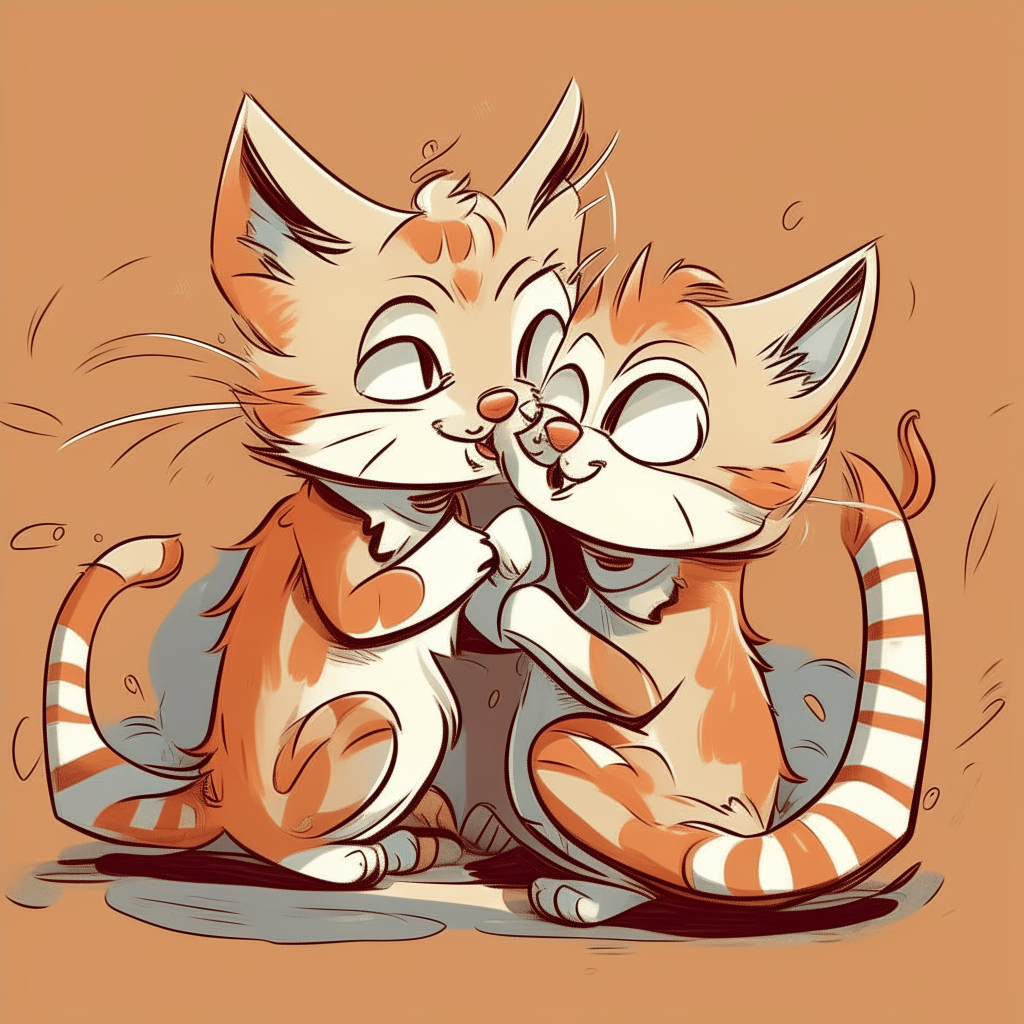 A silly cartoon of two kittens tangled up in each other's tails, their faces scrunched up in frustration as they try to untangle themselves.