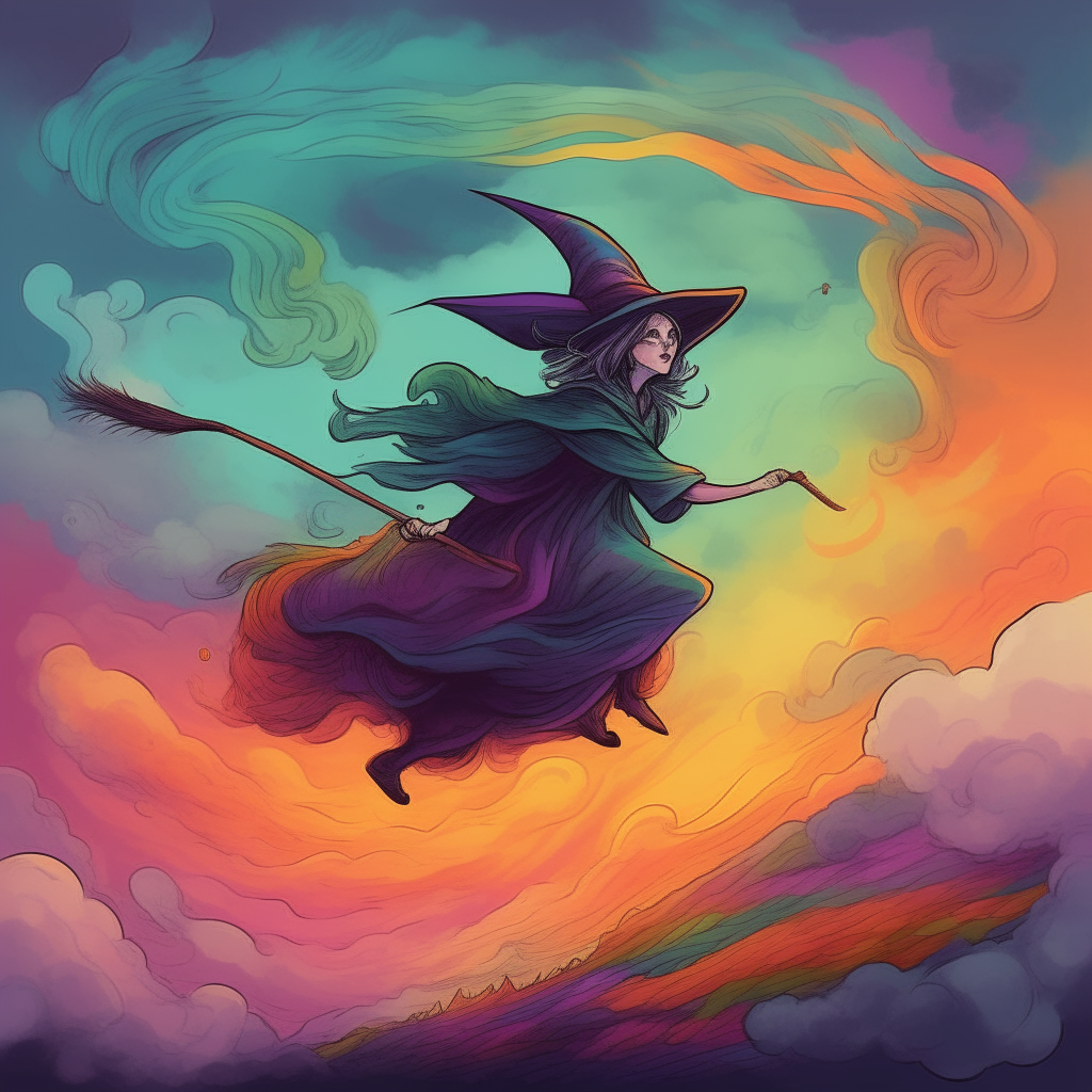 A witch flying on her broomstick among colorful clouds