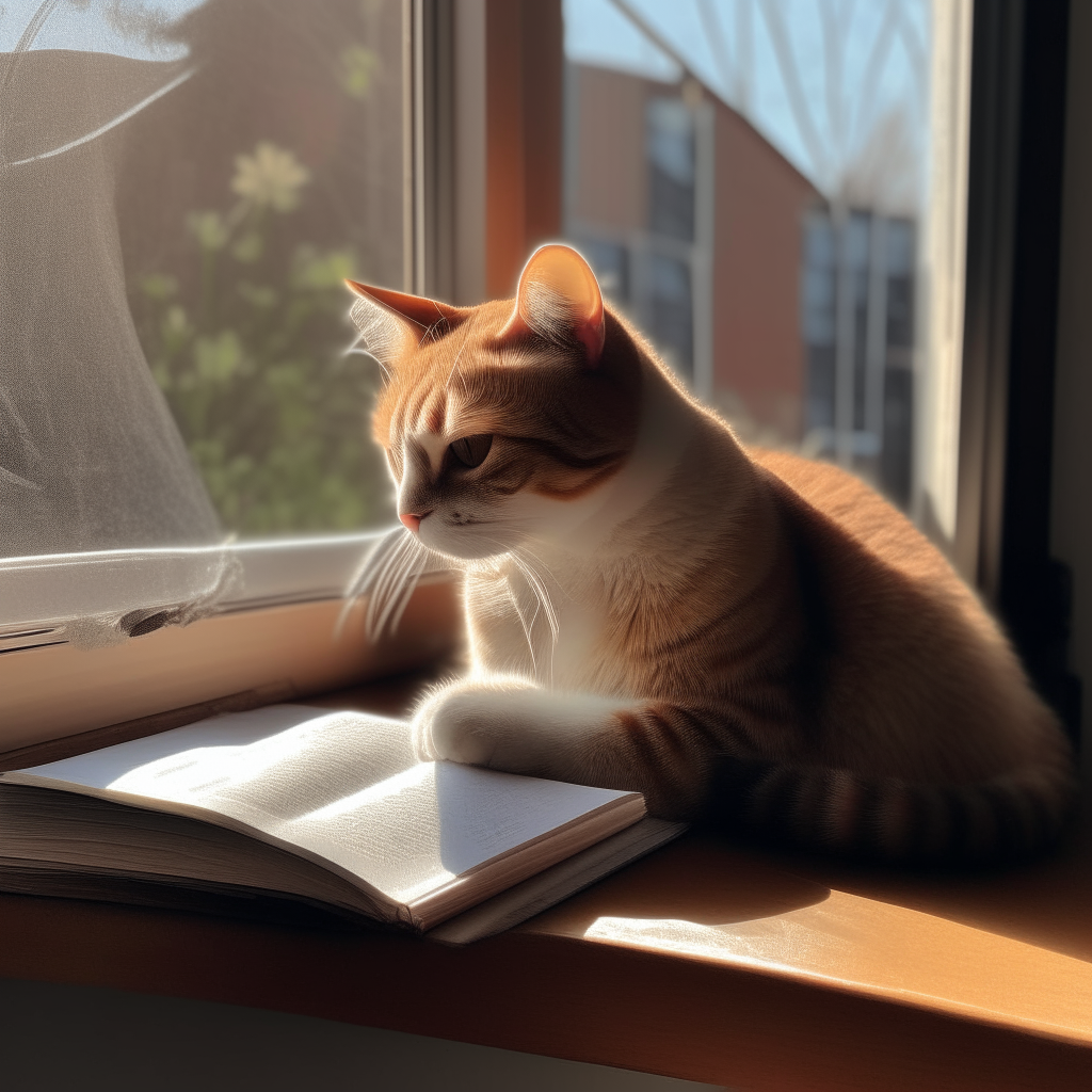 A cat enjoying a good book on a sunny windowsill