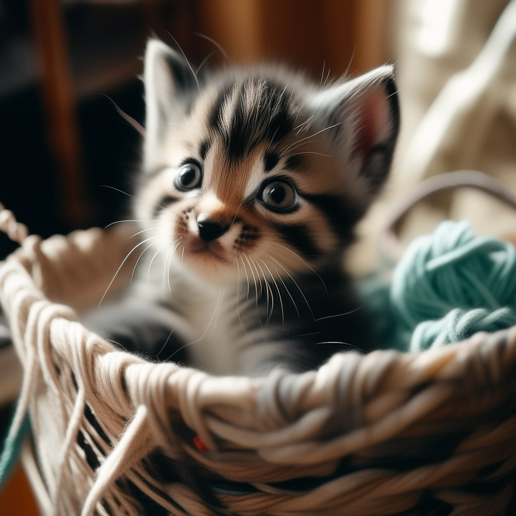 A curious kitten exploring a basket of yarn