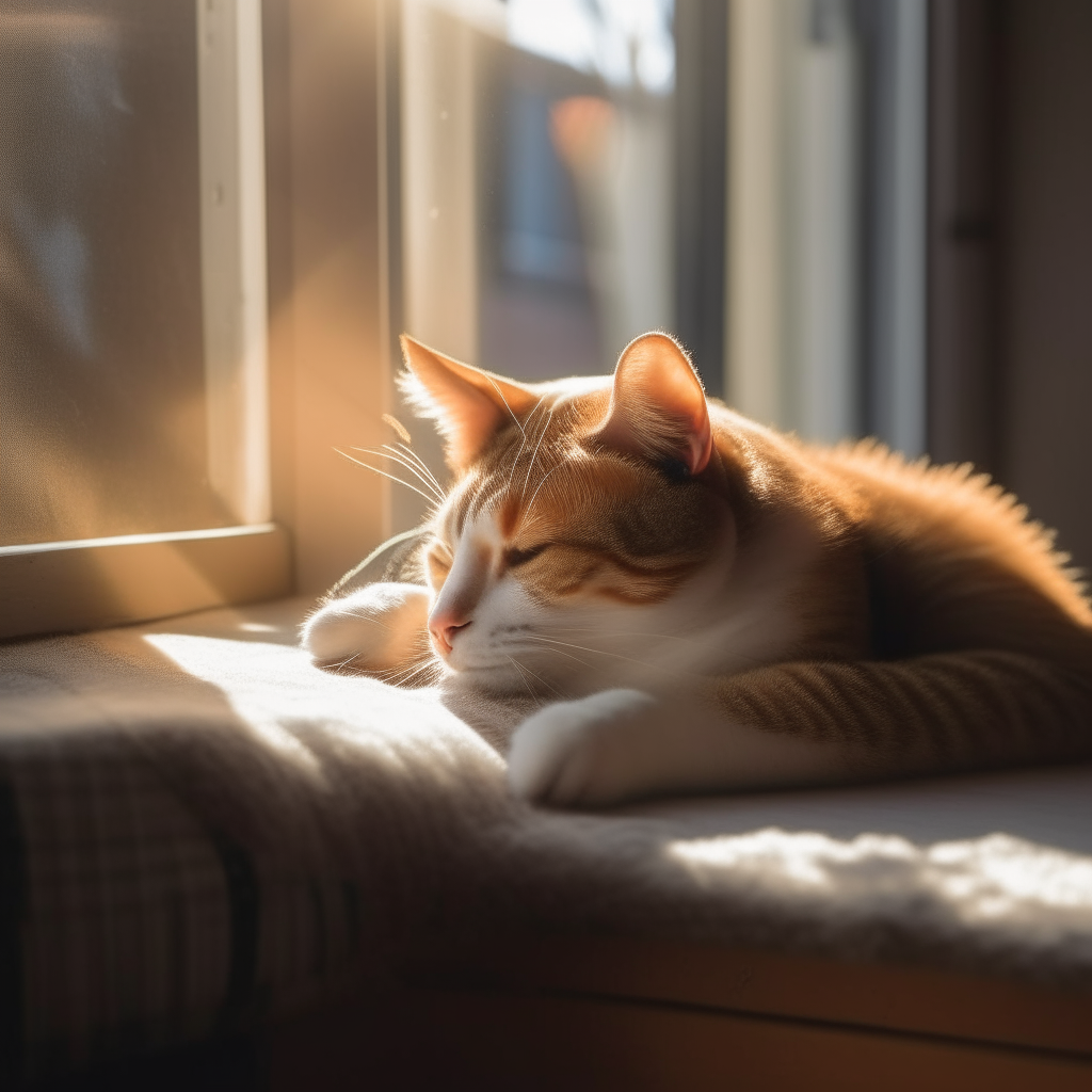 A cat napping in a sunbeam by the window